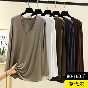 薄款 纯色显瘦休闲打底衫 长袖 宽松椭圆领罩衫 上衣女大码 莫代尔秋季