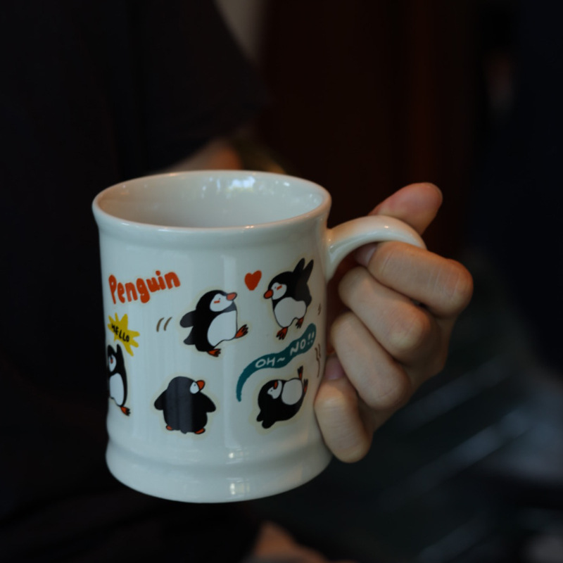 复古小众涂鸦企鹅陶瓷马克杯 可爱小动物水杯杯垫 情侣礼物350ml