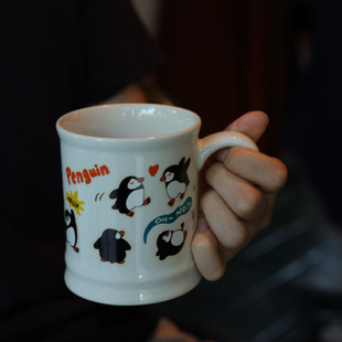 复古小众涂鸦企鹅陶瓷马克杯 可爱小动物水杯杯垫 情侣礼物350ml