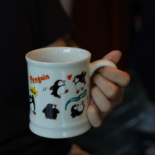 复古小众涂鸦企鹅陶瓷马克杯 可爱小动物水杯杯垫 情侣礼物350ml