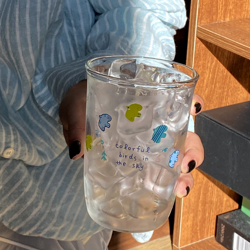 日系飞鸟加厚玻璃杯大容量耐高温水杯可爱400次咖啡杯牛奶杯390ml图片