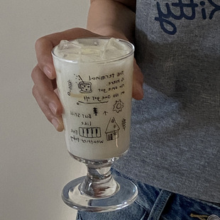 中古风自制简约线条涂鸦高脚杯玻璃杯 复古优雅大容量水杯果汁杯