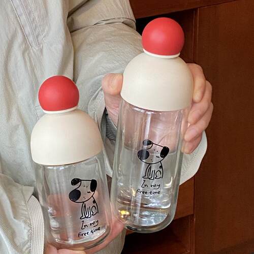 可爱红鼻子双层玻璃杯 小狗大容量水杯 耐高温密封随身杯