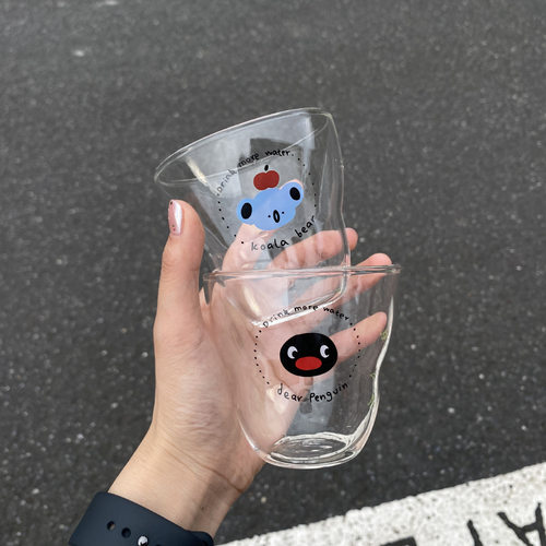 小众ins风卡通考拉企鹅玻璃杯耐高温果汁杯咖啡杯情侣280ml