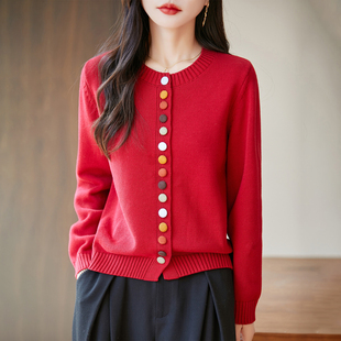 春秋冬新款100%纯棉圆领彩扣针织开衫女年轻妈妈毛衣外套保暖上衣