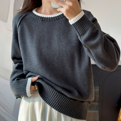 100%纯棉线针织圆领撞色加厚毛衣女慵懒风宽松外套百搭打底衫线衣