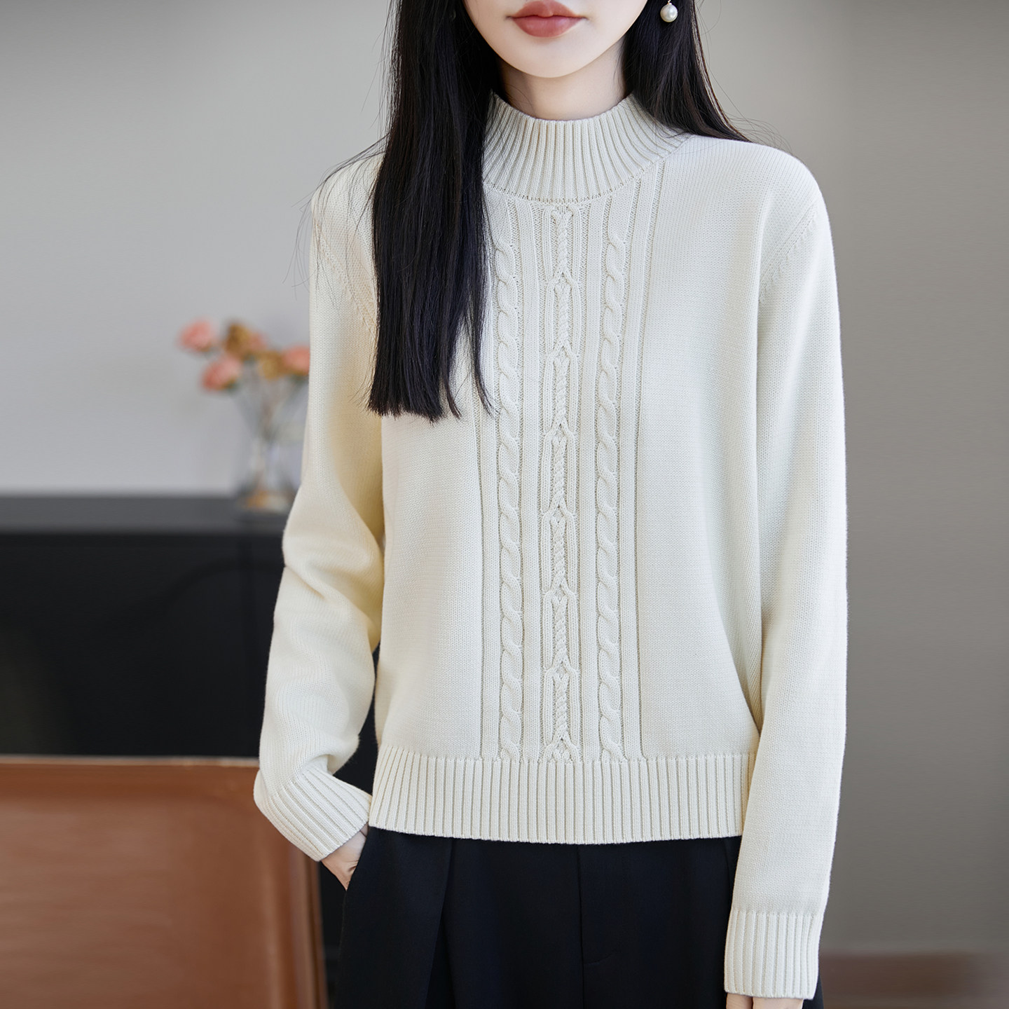 100%纯棉线针织衫女胸前绞花半高领加厚打底衫宽松保暖毛衣线衣