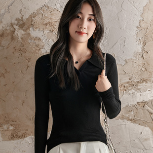 100%纯棉线针织衫 百搭POLO领毛衣内搭简约上衣坑条显瘦线衣 女修身