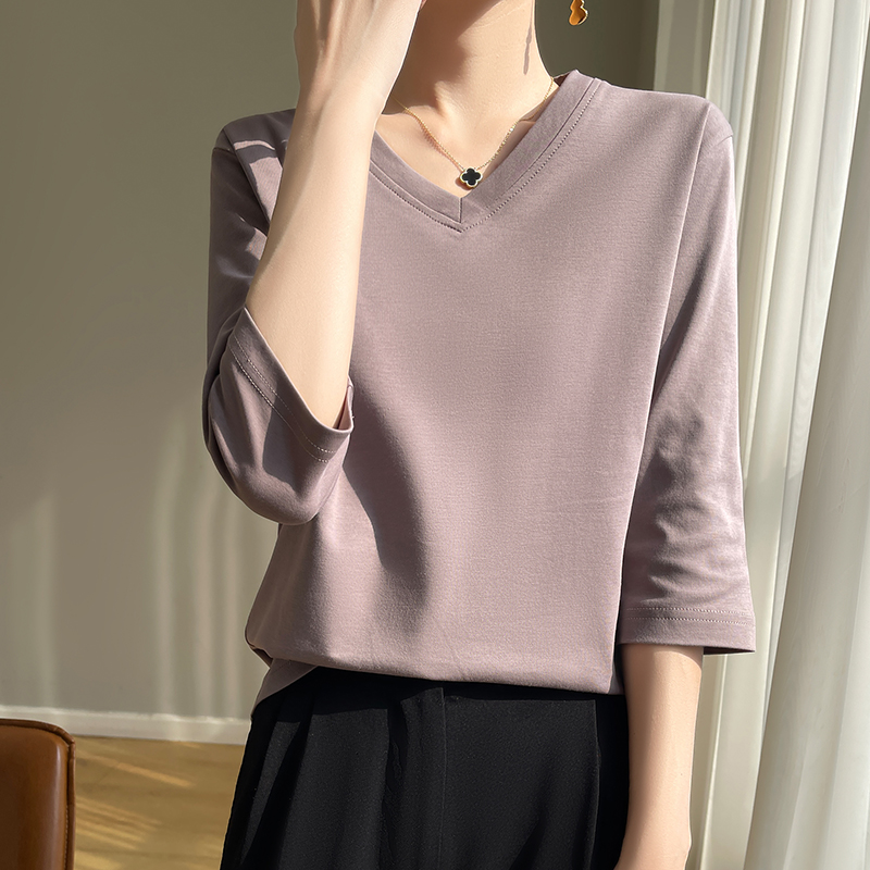 大码春夏V领新款7分袖T恤