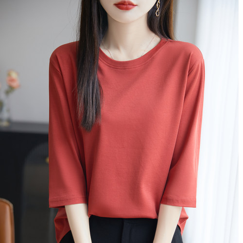春夏新款100%纯棉圆领七分袖T恤女纯色宽松短袖卫衣打底衫上衣薄