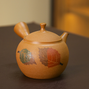 日本常滑烧侧把壶急须 泡茶壶陶 已故名家谷川菁山黄泥彩绘日式