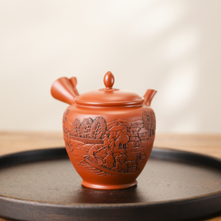 日本常滑烧侧把壶急须已故名家 久田胜石雕刻