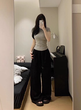 ONETONG美式复古黑色白色阔腿卫裤女辣妹直筒拖地裤运动裤春