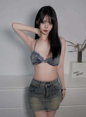 4Amor Project｜Denim Bikini 牛仔花边松紧挂脖比基尼