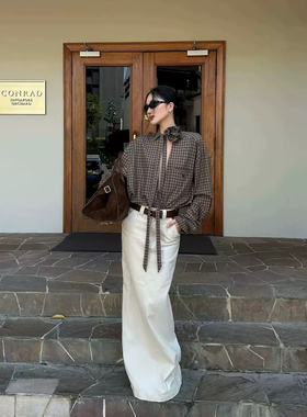 ONETONG胶片定格 设计感格子衬衣女复古休闲长袖飘带咖色衬衫外套