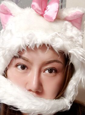 迪士尼玛丽猫可爱卡通带耳朵宝宝成人女冬季围巾一体白色毛绒帽子