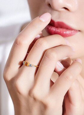 《橘子与海》镀18K金色高仿石天然戒指蓝托帕石彩色轻奢百搭女戒