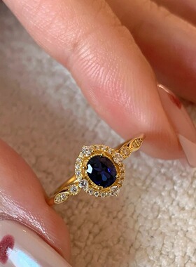蓝椭圆高仿蓝宝石戒指女镀18k金意式中古风精致时尚轻奢锆石指环