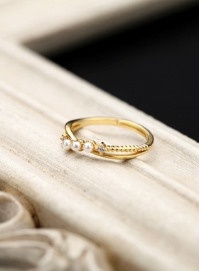 韩版网红同款ins潮s镀黄金色开口可调节珍珠戒指女简约百搭冷淡风