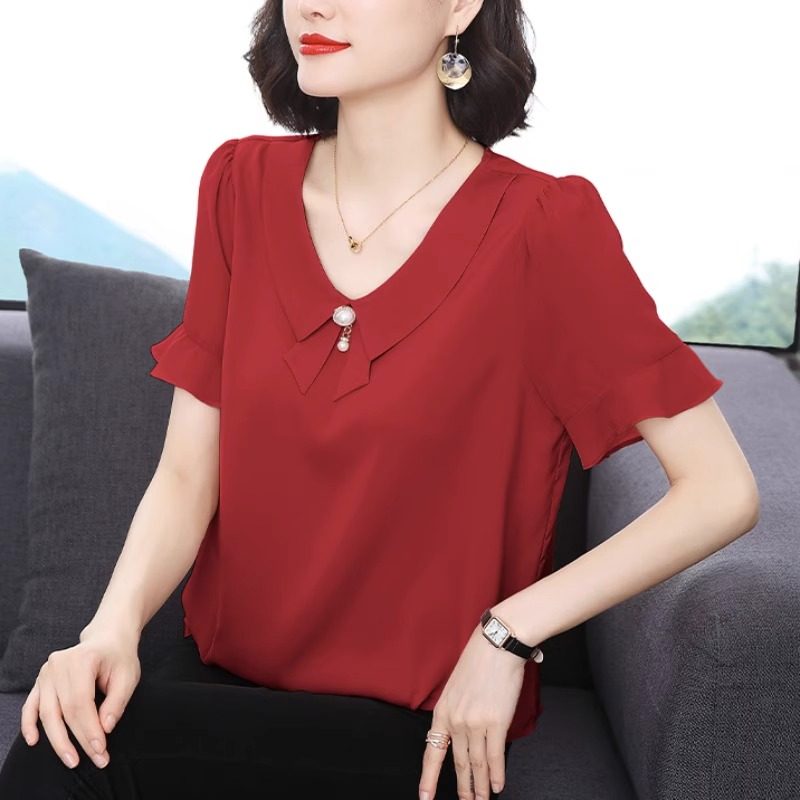 雪纺衫女夏装衬衫洋气2026夏季新款时尚红色气质百搭上衣短袖t恤