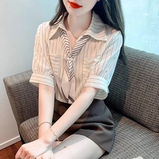 韩版 条纹短袖 2025新款 衬衫 设计感小众别致口袋polo领衬衣薄 女夏季