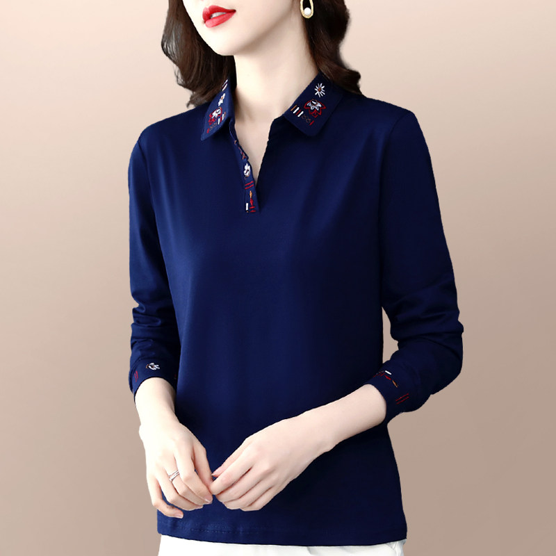 纯棉长袖t恤女春秋款2025年新款宽松洋派翻领绣花休闲上衣打底衫