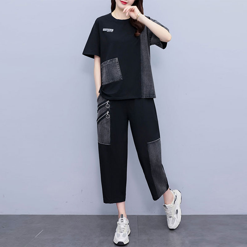 大码时尚休闲套装女2025新款夏季胖MM宽松休闲拼接短袖裤子两件套