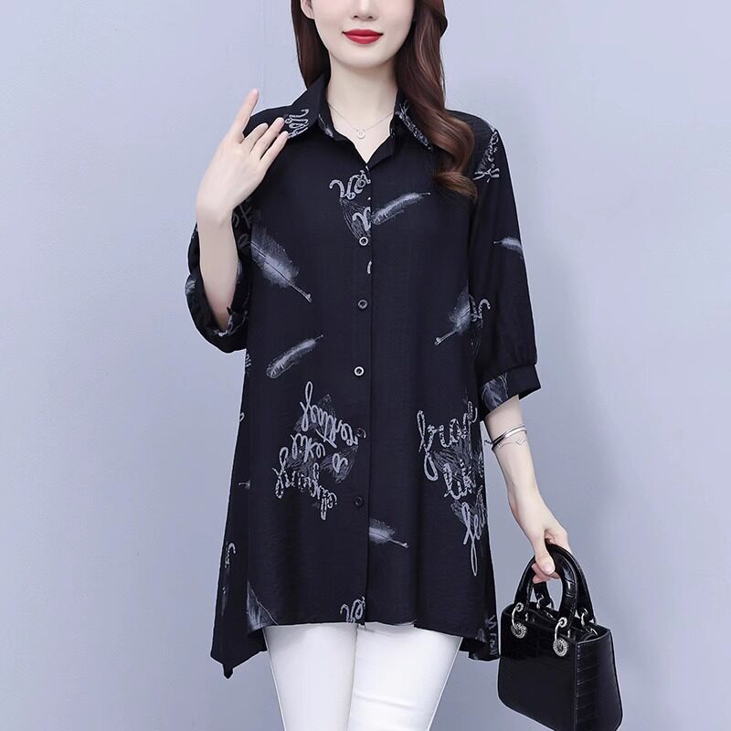 小众印花短袖衬衫女夏季2025新款韩版大码中长款宽松洋气别致上衣