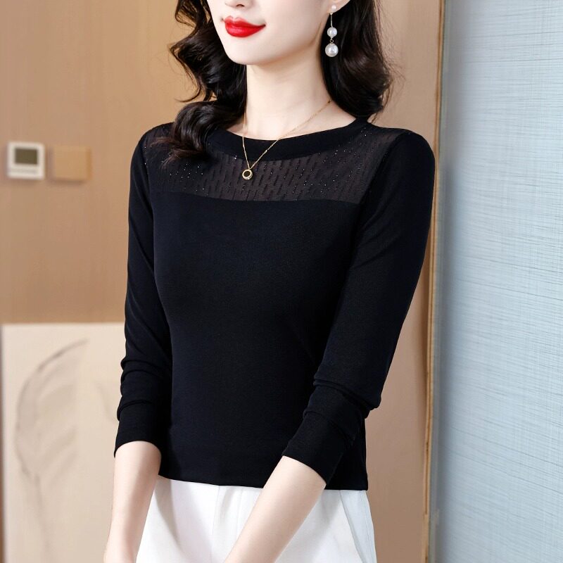 黑色蕾丝打底衫女秋冬季2025年新款修身洋派内搭长袖T恤网纱上衣