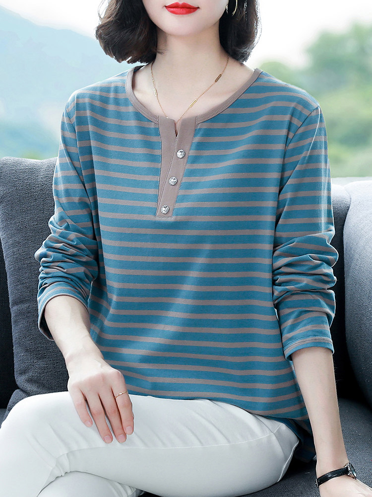 2025年春秋季新款加肥加大码时尚女装春装长袖t恤女纯棉条纹上衣