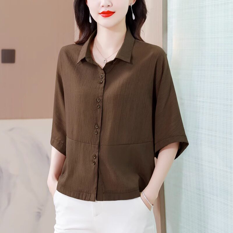 单排扣蝙蝠衫衬衣女夏季2025年新款韩版时尚短袖衬衣宽松遮肚上衣