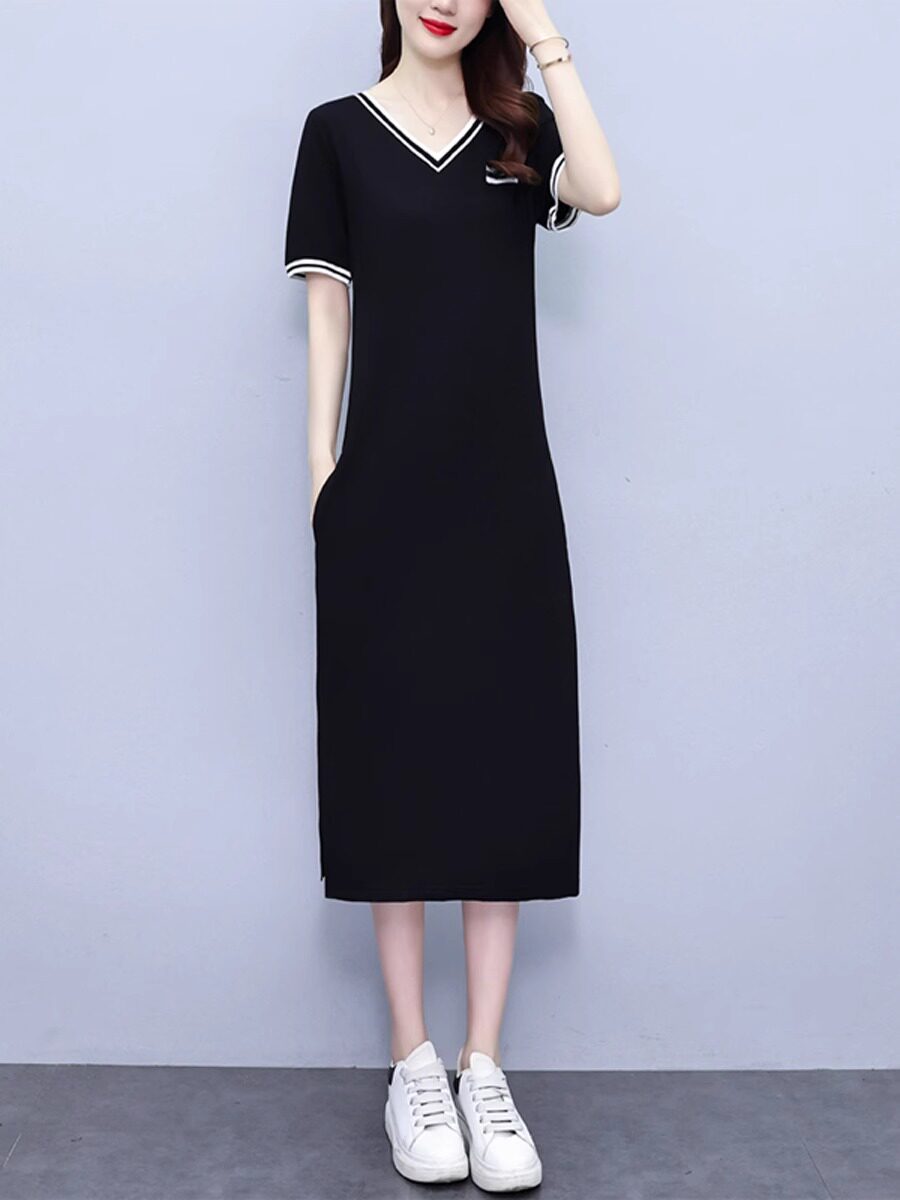 夏季直筒时尚气质洋气减龄V领运动休闲连衣裙女中长款过膝T恤长裙