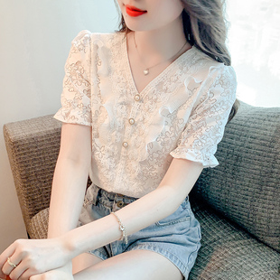 女夏2025年新款 氣質(zhì)百搭洋氣蕾絲小衫 V領(lǐng)短袖 夏裝 上衣 雪紡衫 時(shí)尚