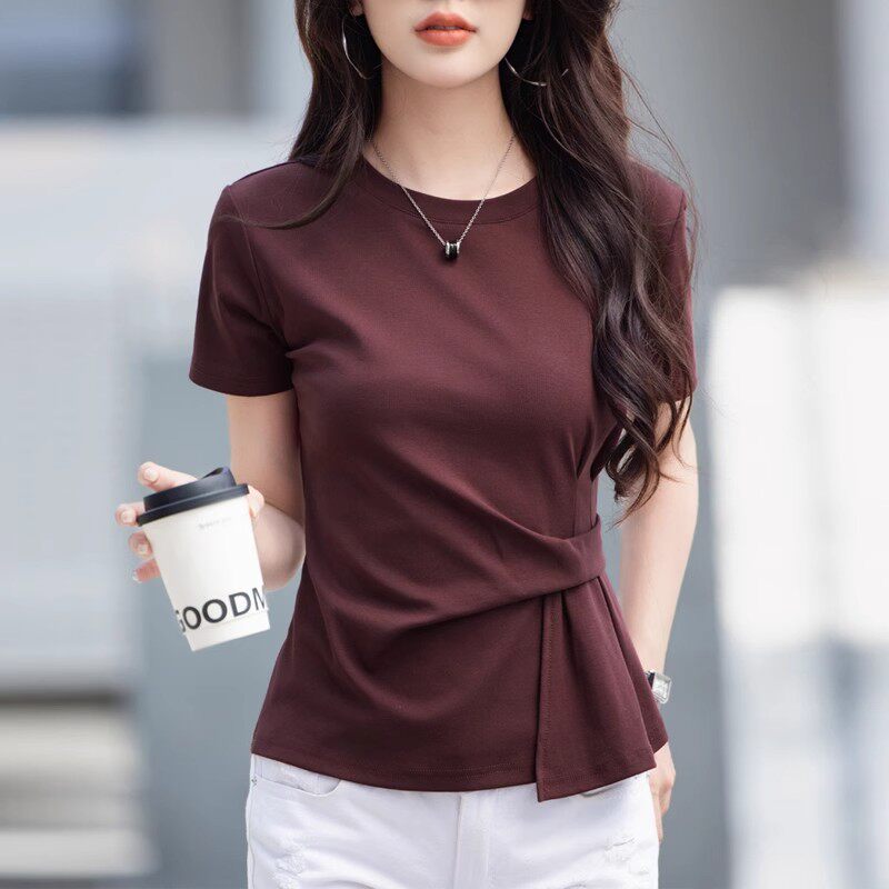 短款短袖T恤女2025夏季新款不规则遮肚子显瘦女士设计感气质上衣