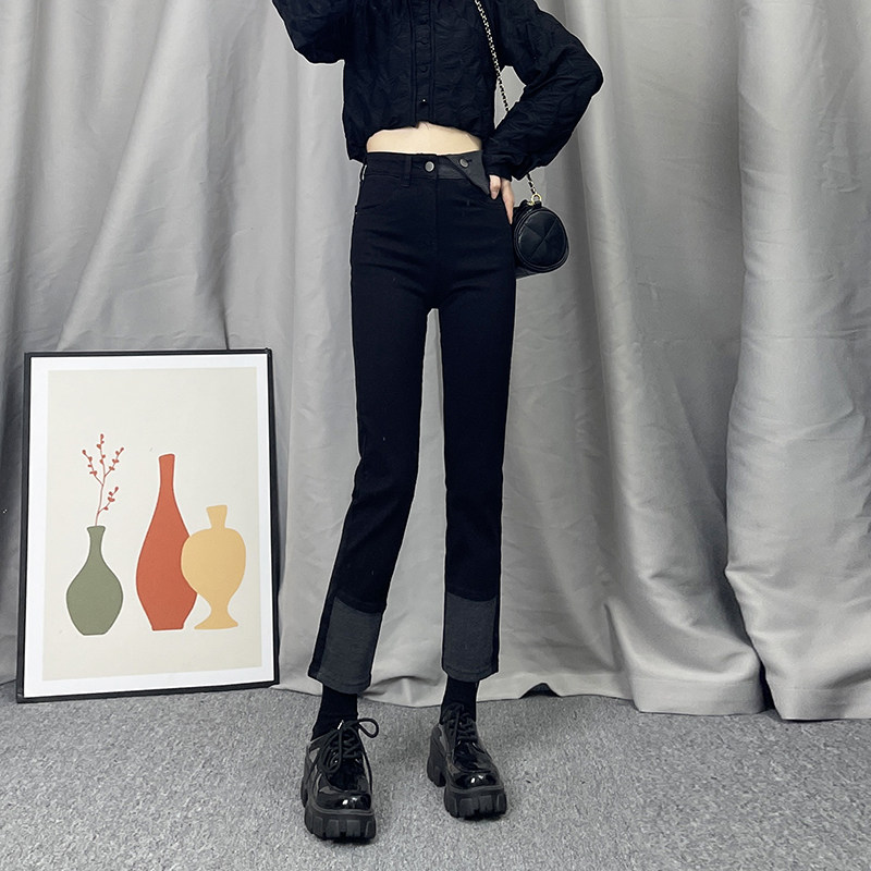 高腰加绒直筒牛仔裤女秋冬2025新款黑色显瘦设计感拼接烟管裤子潮,女装/女士精品,牛仔裤,淘宝优惠券,粉丝福利购,淘宝优惠卷