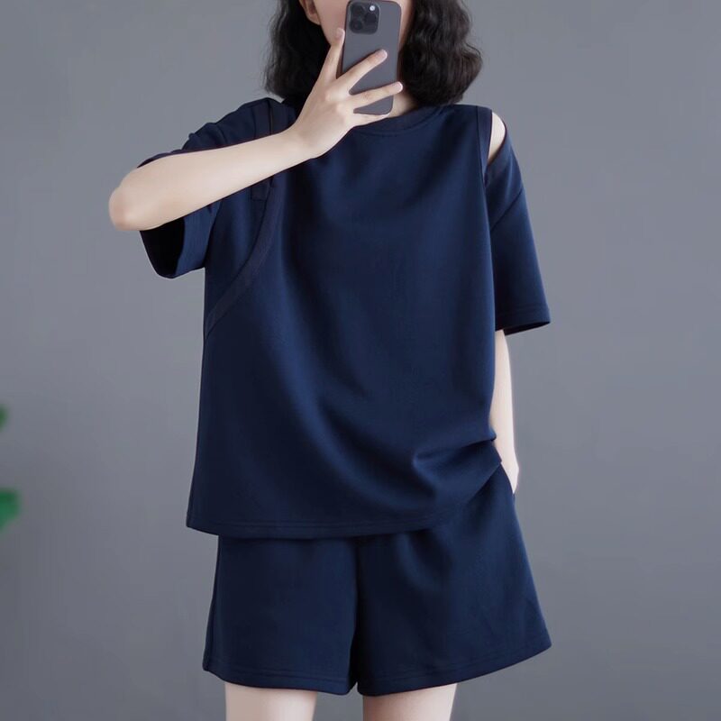 休闲运动套装女夏2025新款时尚洋气大码胖妹妹薄款短袖短裤两件套