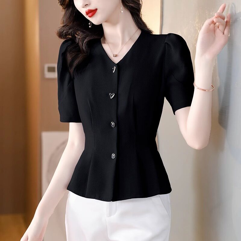 气质短袖女生衬衫女夏款2025年夏季新款收腰衬衫V领短款薄款上衣