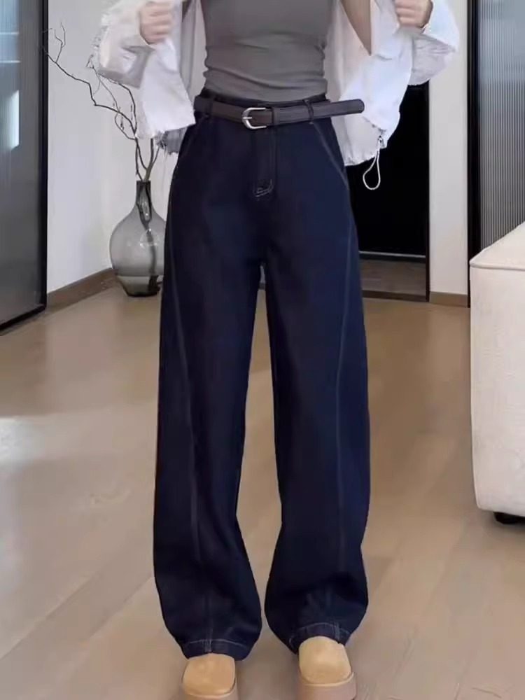 深蓝色弯刀阔腿牛仔裤女2025年春秋新款高腰设计感小个子拖地裤子