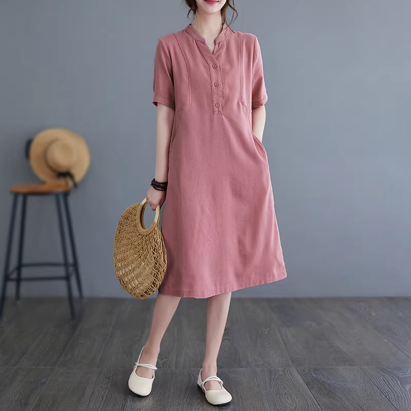 棉麻亚麻连衣裙女2026夏季新款妈妈夏装宽松遮肚子高级感洋气裙子