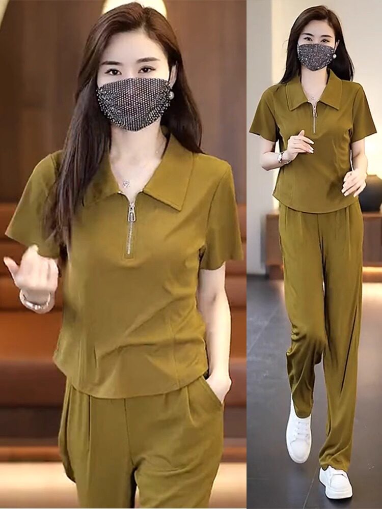 时尚运动服套装女2025夏季新款洋气减龄休闲冰丝时髦阔腿裤两件套