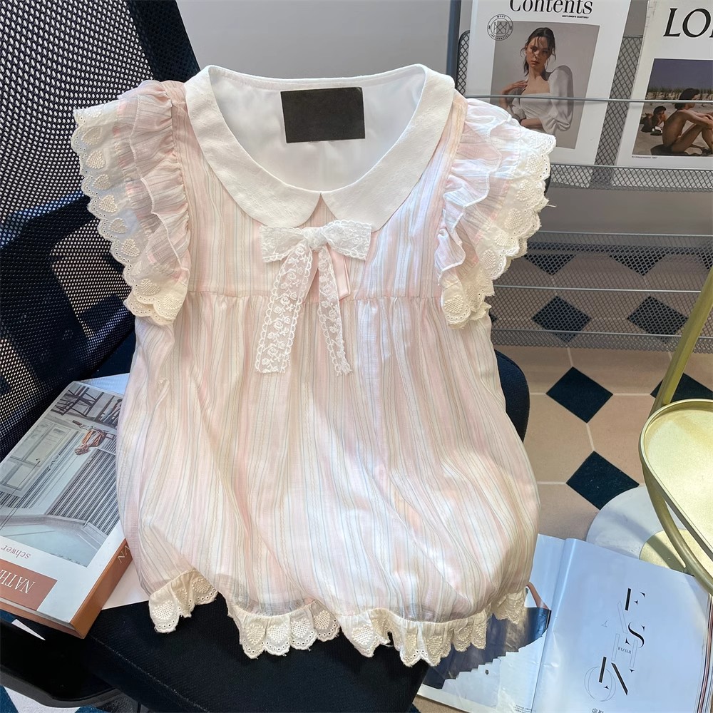 日本offcat气质蕾丝花边蝴蝶结衬衫女夏季设计感高级别致绝美上衣