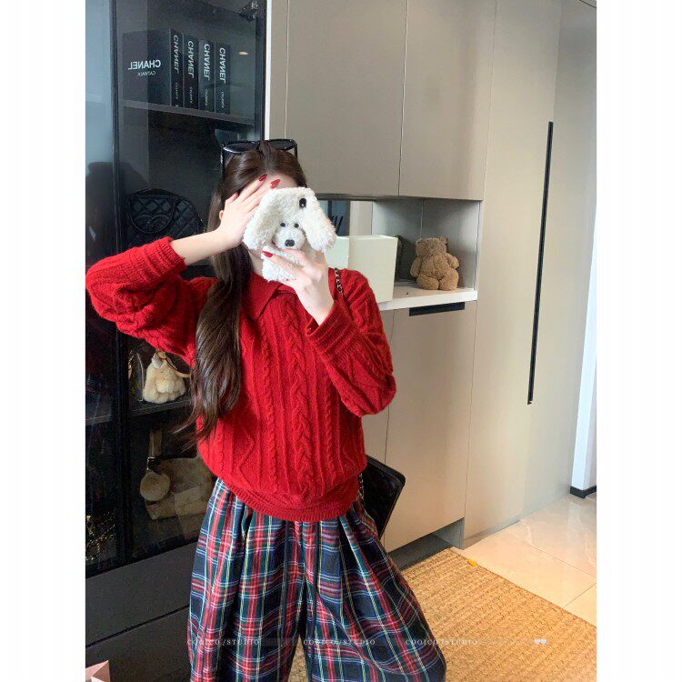 日本offcat红色麻花编织秋冬大翻领长袖毛衣女秋冬宽松显瘦套头