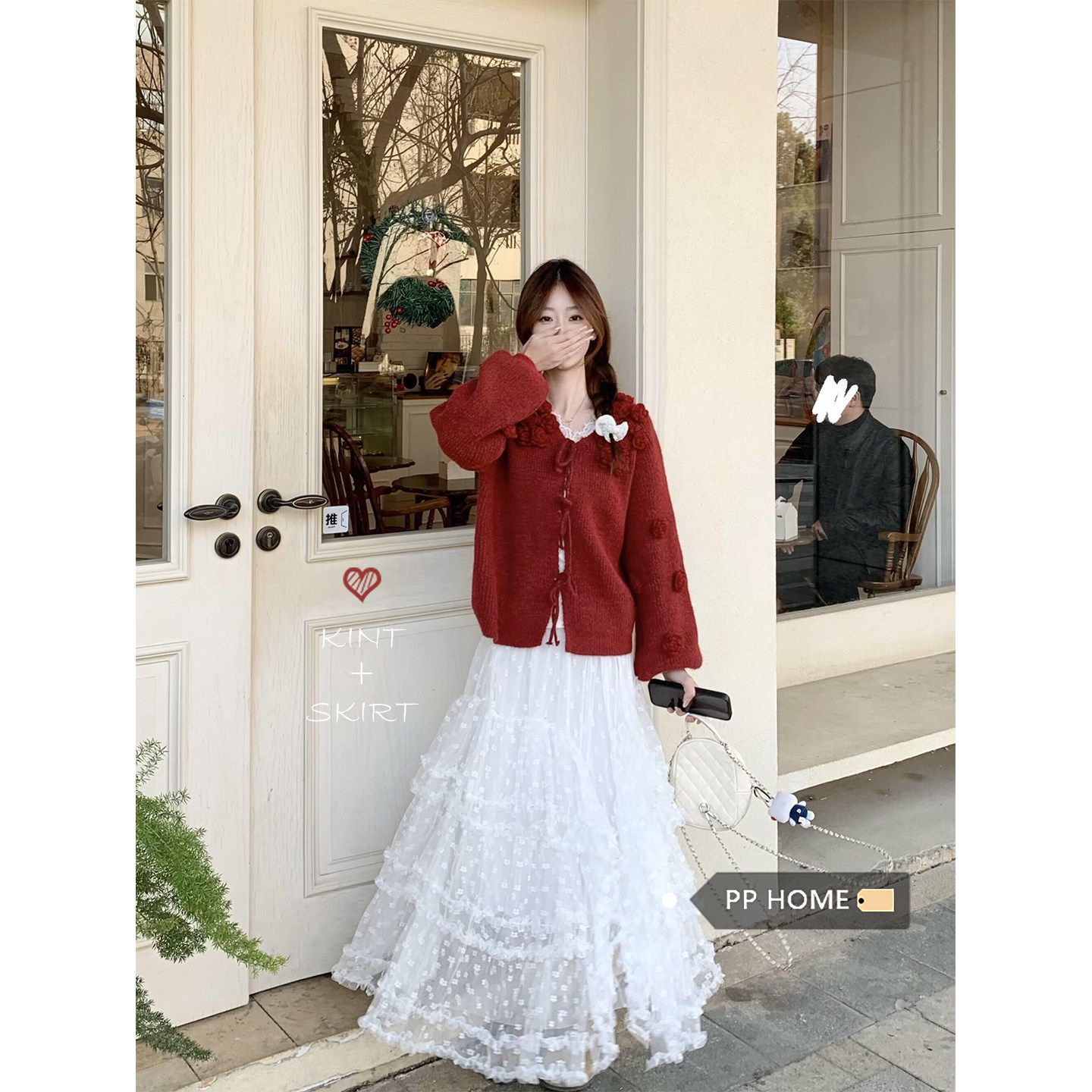 日本offcat设计感红色立体花朵毛衣外套女秋冬蕾丝花边半身裙两件