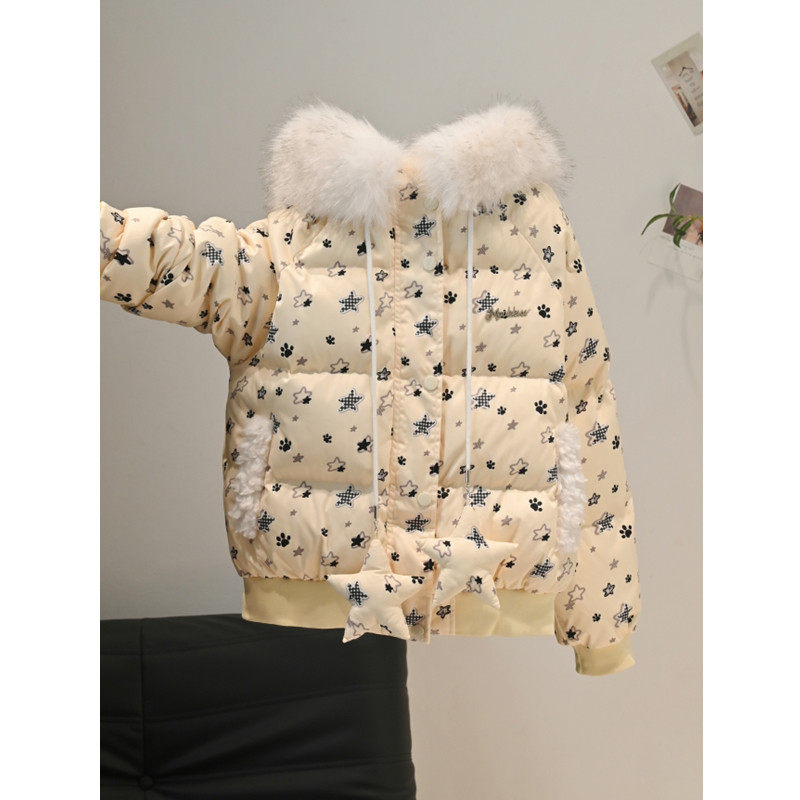 日本offcat奶黄色满印星星连帽保暖棉服女冬季美式学院风毛领面包