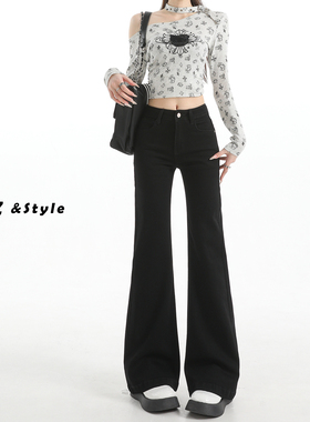 日本offcat黑色弹力微喇牛仔裤女2025秋季新款小个子显瘦辣妹低腰