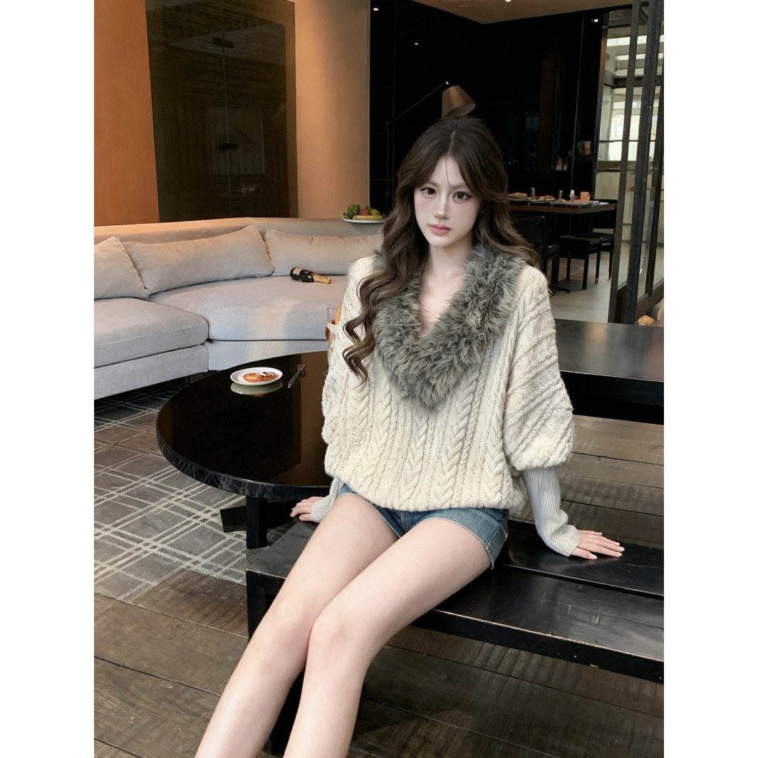 日本offcat韩系气质深V毛领浅灰色麻花毛衣女秋冬宽松软糯针织衫