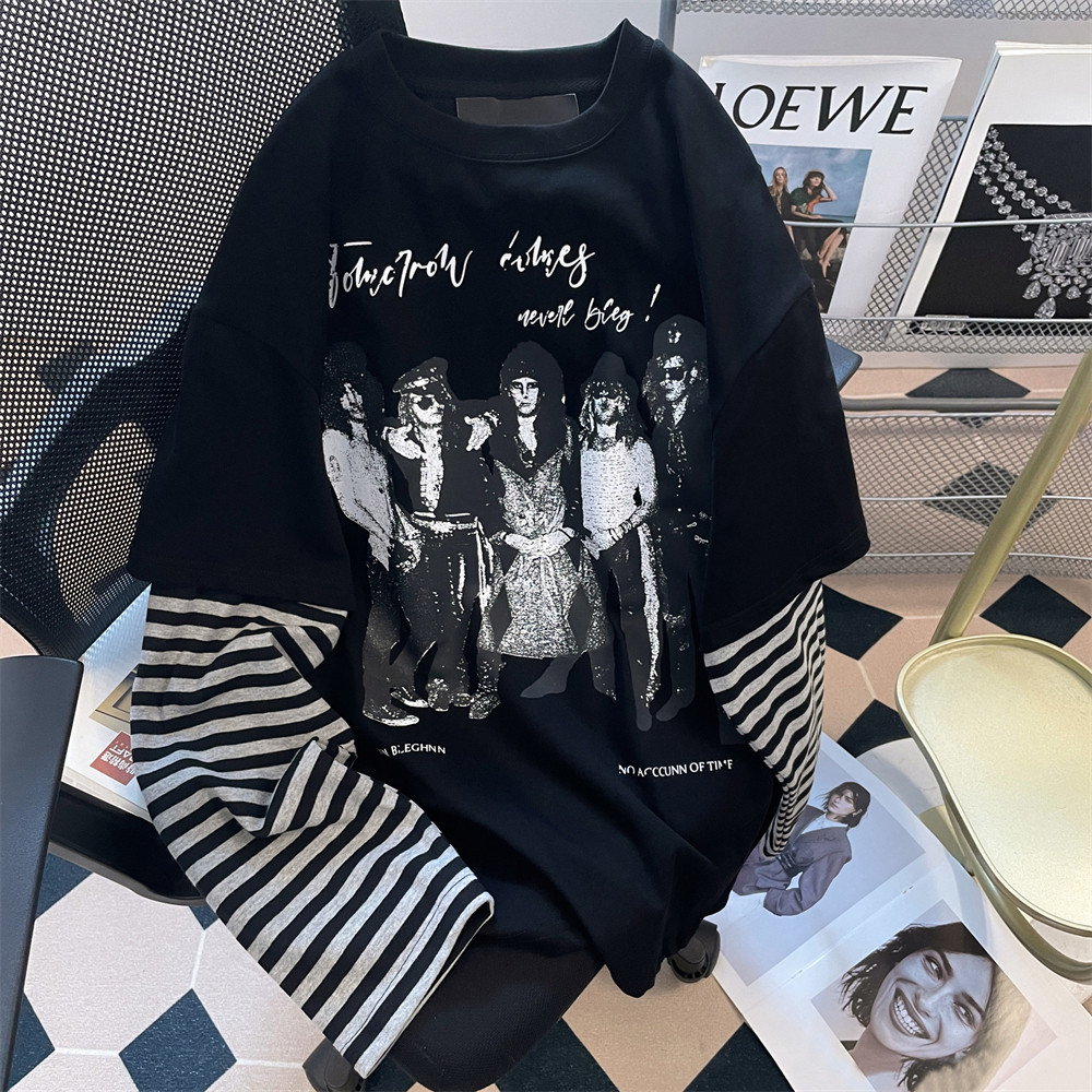 日本offcat美式街头摇滚乐队条纹长袖T恤女秋季高级感情侣假两件