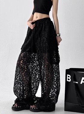 日本offcat拼接镂空蕾丝休闲裤女2025夏季新款百搭直筒阔腿裤