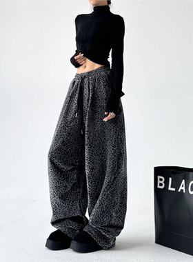 日本offcat复古豹纹裤女2025秋冬新款百搭气质宽松紧腰休闲裤