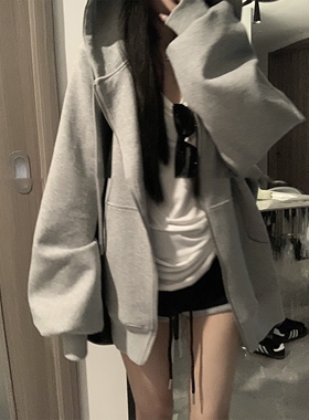 日本offcat2025秋季新款连帽卫衣外套灰色开衫女休闲宽松显瘦韩系